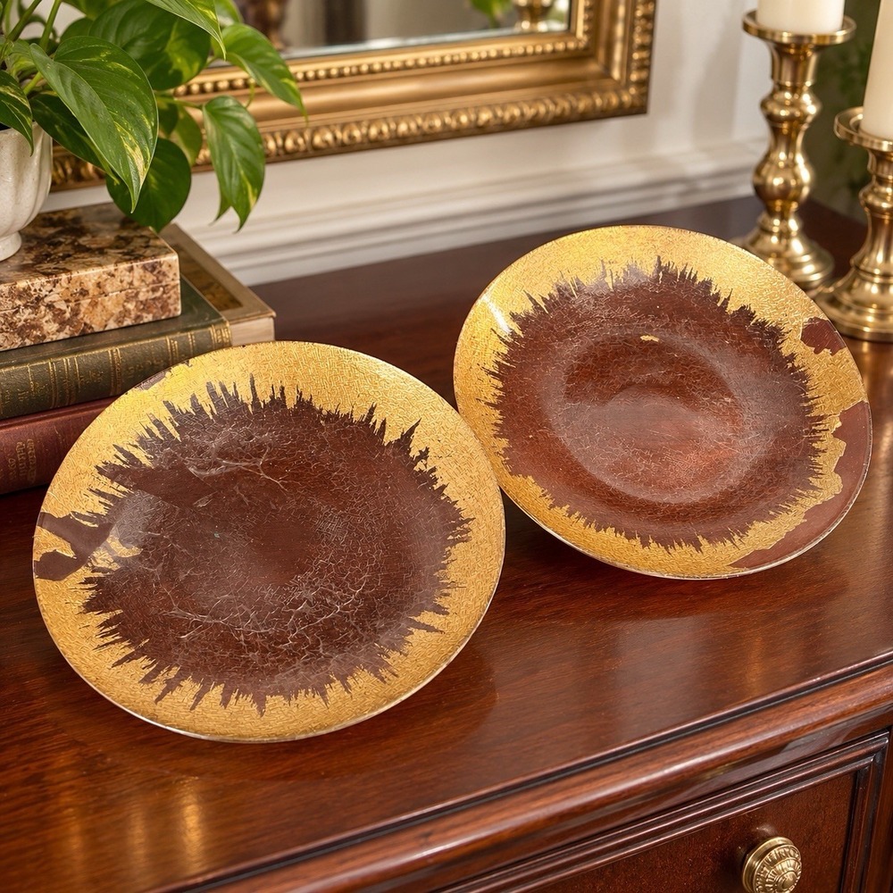 Set of 2 Gold Brown Decorative Glass Plates Bowls Textured Crackle 9" Glam Decor